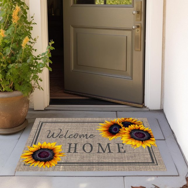 Rustic country family sunflowers burlap welcome doormat (Creator Uploaded)