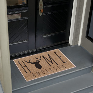 Rustic Country Faux Burlap Buck Head Family Name  Doormat