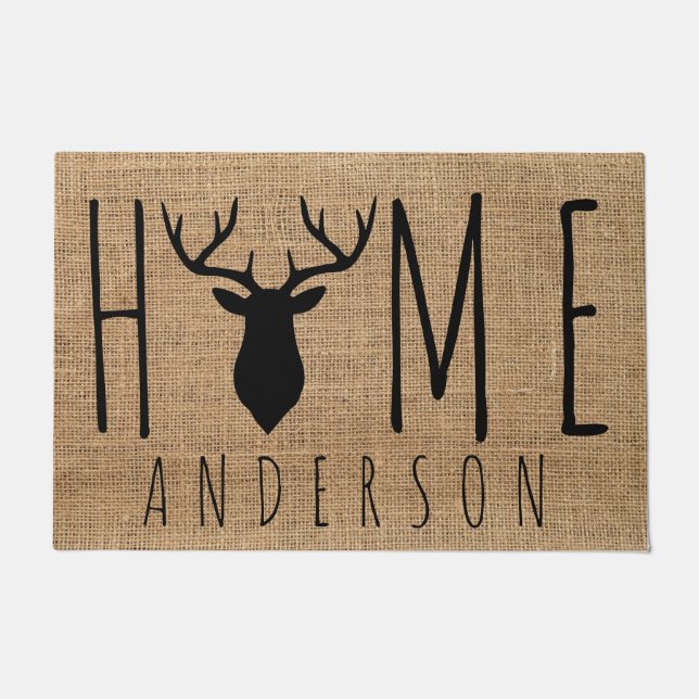 Rustic Country Faux Burlap Buck Head Family Name  Doormat (Front)