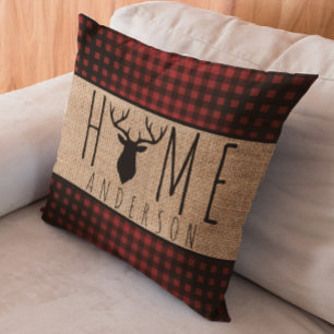 Rustic Country Faux Burlap Buck Head Family Name T Cushion