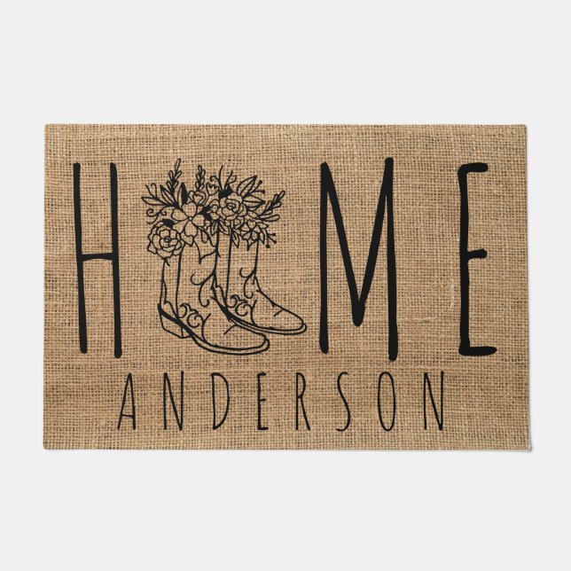 Rustic Country Faux Burlap Cowgirl Boots  Doormat (Front)