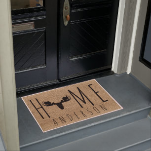 Rustic Country Faux Burlap Moose Head Family Name Doormat