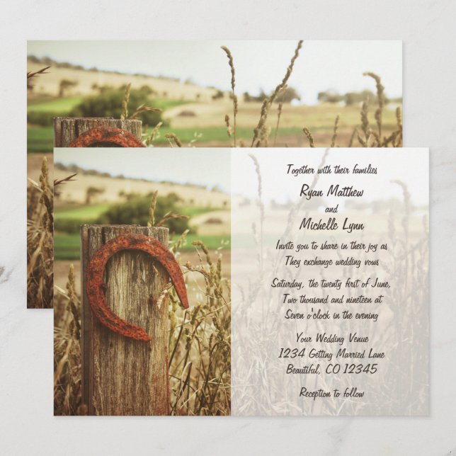 Rustic Country Fence and Horseshoe Wedding Invite (Front/Back)