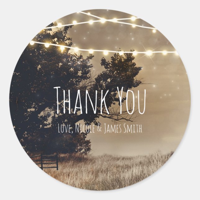 Rustic Country Field & Lights Wedding Favour Classic Round Sticker (Front)