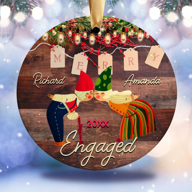 Rustic Country first Christmas engaged cute couple Ceramic Ornament (Creator Uploaded)