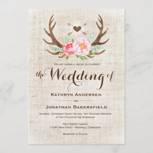 Rustic Country Floral Antlers Wedding Invitations