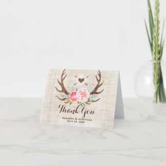 Rustic Country Floral Antlers Wedding Thank You Card