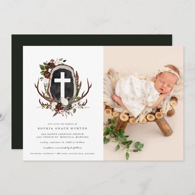 Rustic Country Floral Baptism Invitation (Front/Back)