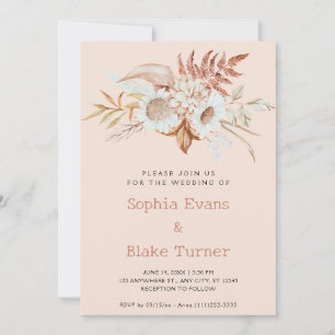 Rustic Country Floral Botanical Pink Cream Wedding Invitation