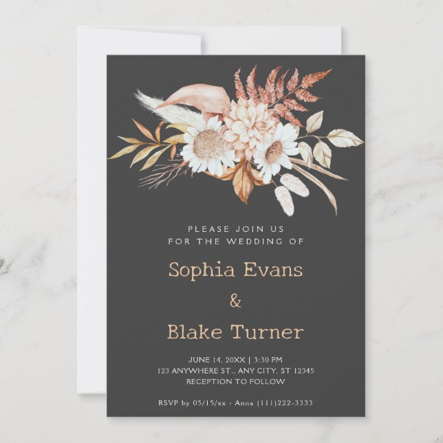 Rustic Country Floral Botanical Shadow Wedding Invitation (Front)