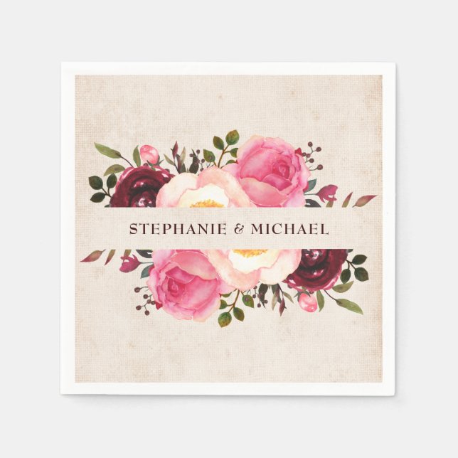 Rustic Country Floral Burlap Paper Napkin (Front)