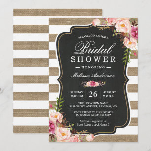 Rustic Country Floral Burlap Stripes Bridal Shower Invitation