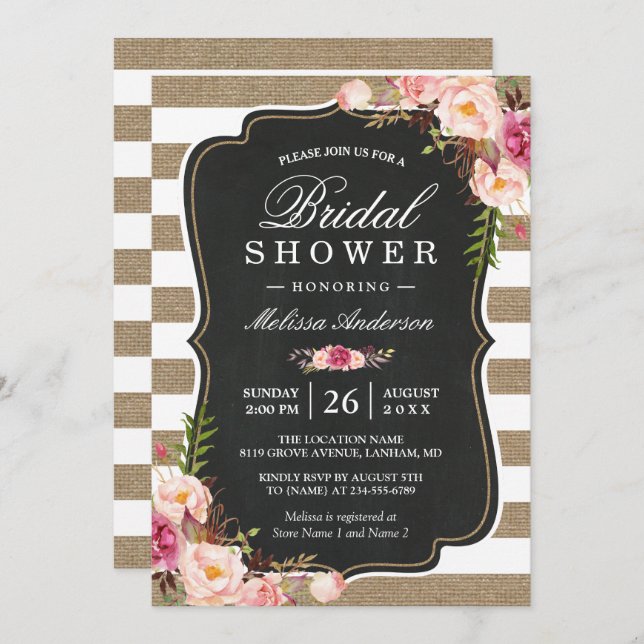 Rustic Country Floral Burlap Stripes Bridal Shower Invitation (Front/Back)