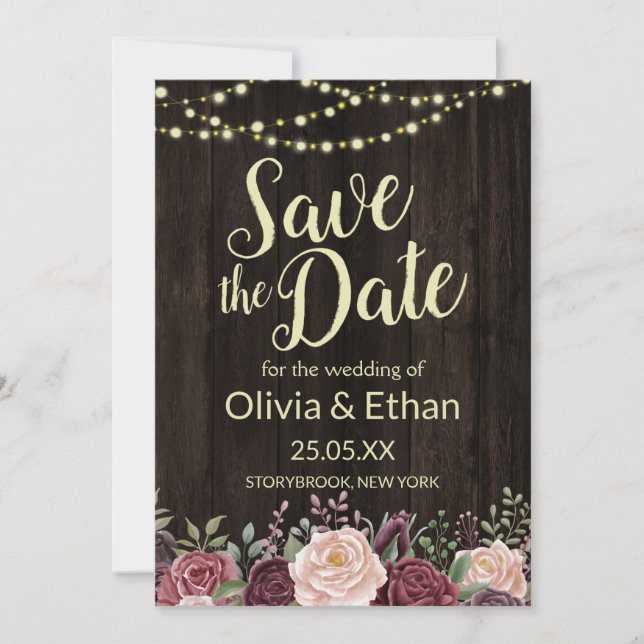 Rustic Country Floral Dark Wood String Lights Save The Date (Front)