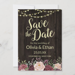 Rustic Country Floral Dark Wood String Lights Save The Date