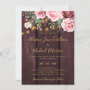 Rustic country floral gold burgundy wedding invitation