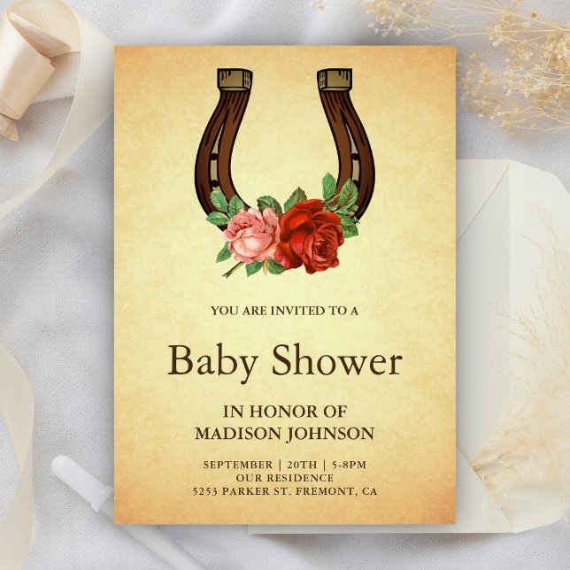 Rustic Country Floral Horseshoe Baby Shower Invitation (Creator Uploaded)