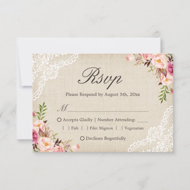 Rustic Country Floral Lace Burlap Meal Choice RSVP Card (Front)