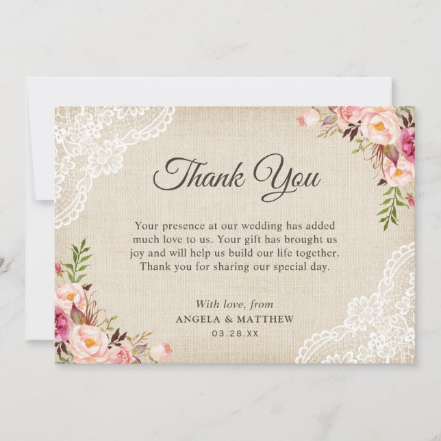 Rustic Country Floral Lace Burlap Thank You (Front)