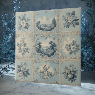 Rustic Country Floral Motif Distressed Mute Tones Ceramic Tile