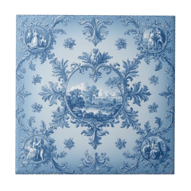 Rustic Country Floral Motif Dusty Blue Muted Tones Ceramic Tile (Front)