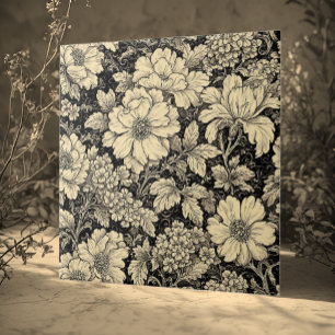 Rustic Country Floral Motifs Monochrome Distressed Ceramic Tile
