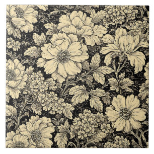 Rustic Country Floral Motifs Monochrome Distressed Ceramic Tile