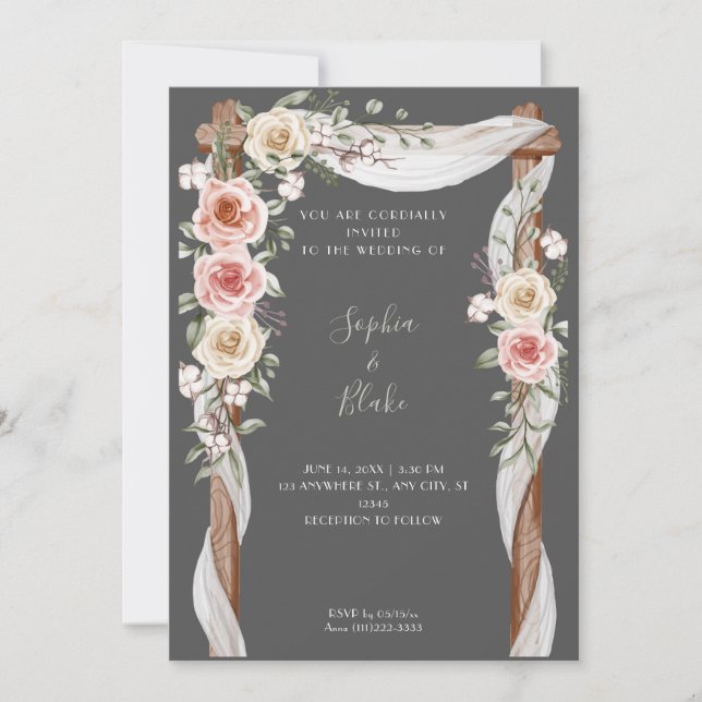 Rustic Country Floral Wedding Arch Grey Wedding Invitation (Front)