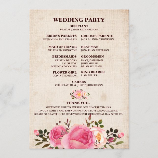 Rustic Country Floral Wedding Program Fan back (Front)