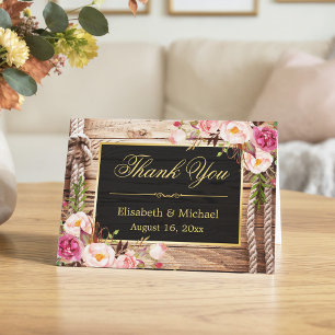 Rustic Country Floral Wood Gold Frame Thank You Card