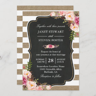 Rustic Country Flowers Burlap Stripes Chic Wedding Invitation