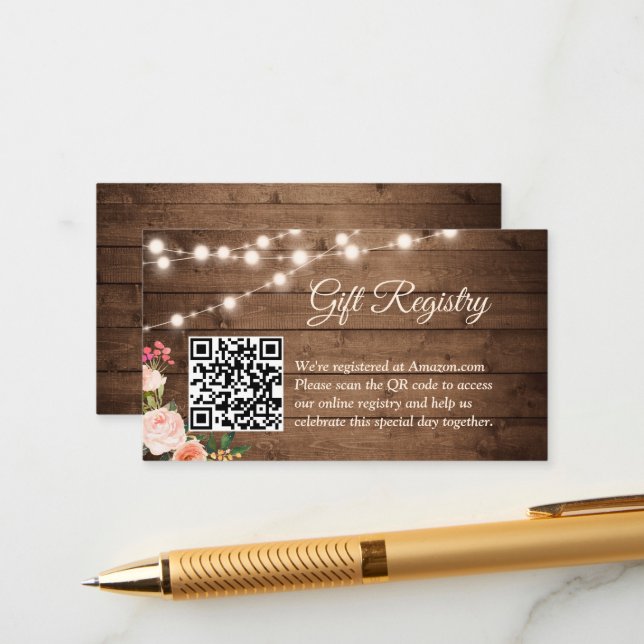 Rustic Country Flowers QR Code Gift Registry Enclosure Card (Front/Back In Situ)