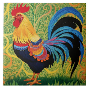 Rustic Country Folk Rooster Chicken Ceramic Tile