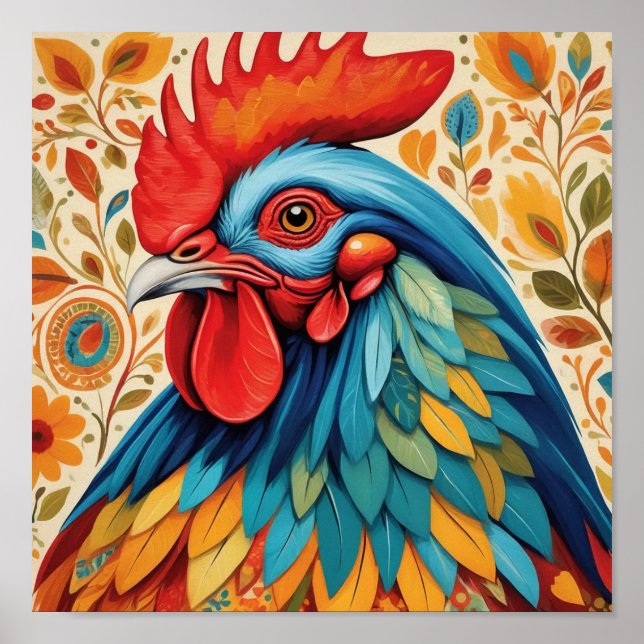 Rustic Country Folk Rooster Chicken Poster (Front)