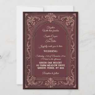 Rustic Country French Toile Burgundy Ornate Arch  Invitation