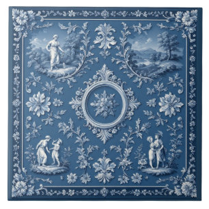 Rustic Country French Toile Heritage Pastoral Blue Ceramic Tile