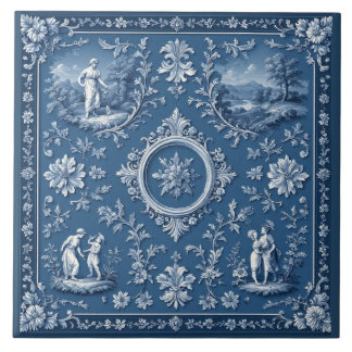 Rustic Country French Toile Heritage Pastoral Blue Ceramic Tile