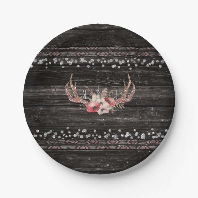 Rustic Country Glam Flowers & Antlers Boho Chic Paper Plate (Front)