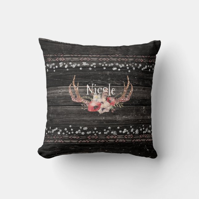 Rustic Country Glam Flowers & Antlers Chic Boho Cushion (Front)
