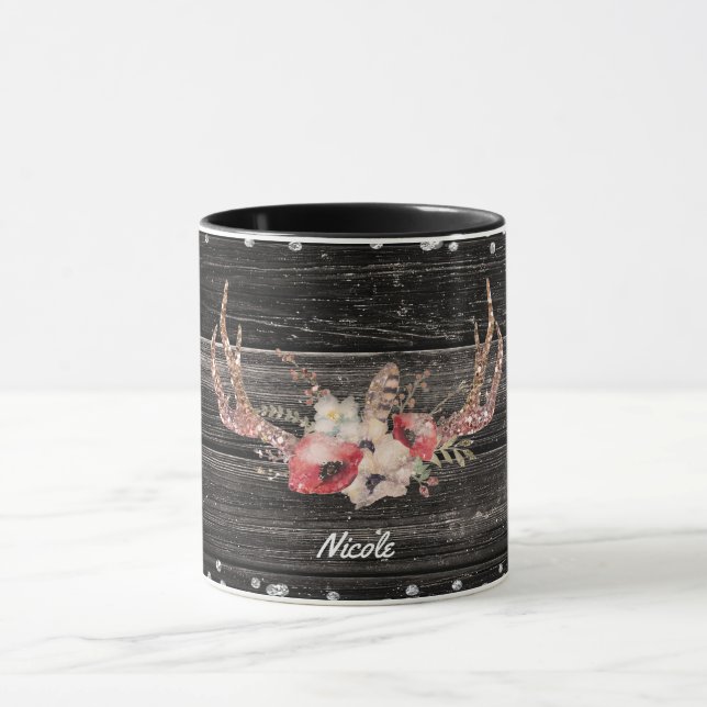 Rustic Country Glam Flowers & Antlers Chic Boho Mug (Center)