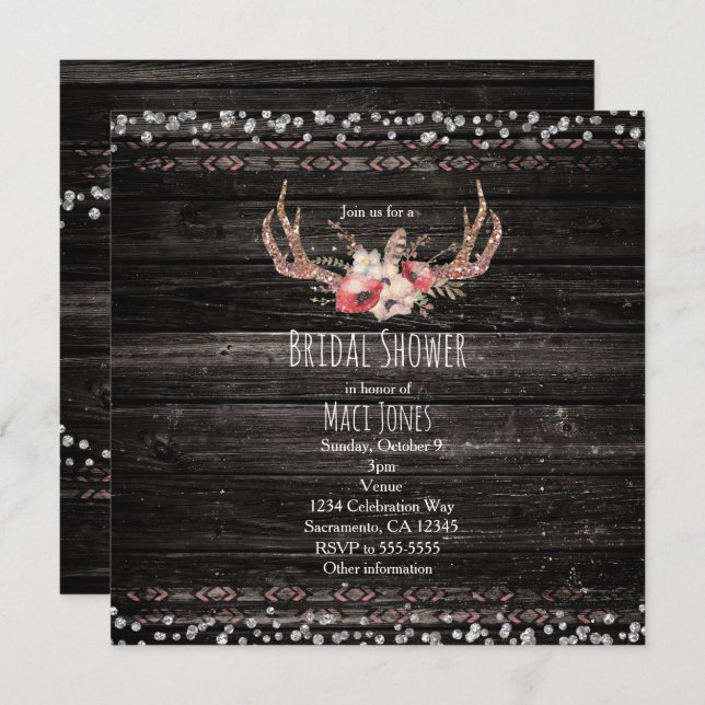 Rustic Country Glam Flowers & Antlers Invitation (Front/Back)