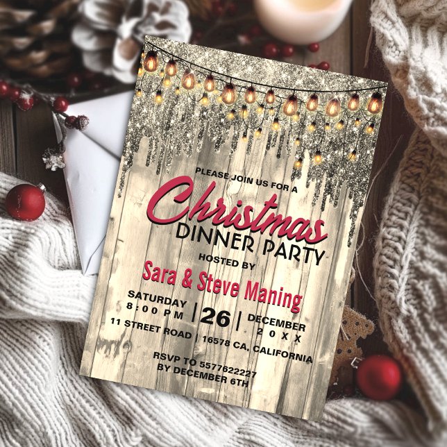 Rustic Country gold glitter drips Christmas lights Invitation (Creator Uploaded)