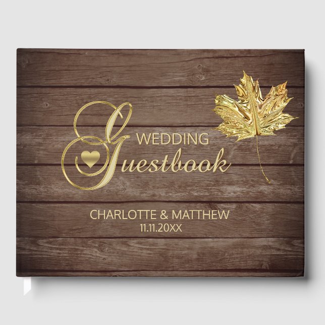Rustic Country Gold Leaf Fall Autumn Wedding Guest Book (Front)