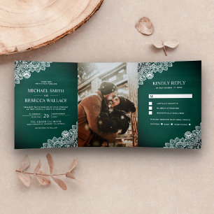 Rustic Country Green Wood Lace Wedding Photo Tri-Fold Invitation