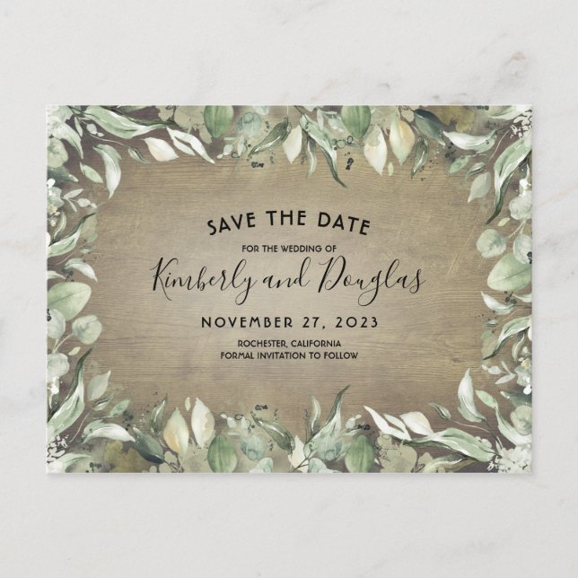 Rustic Country Greenery Frame Save the Date Announcement Postcard (Front)