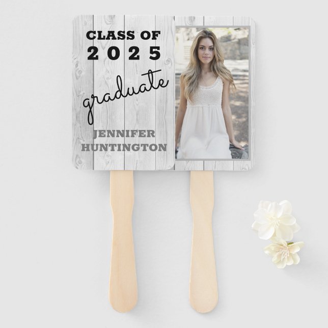 Rustic Country Grey Barnwood 2025 Graduation Hand Fan (Front and Back)