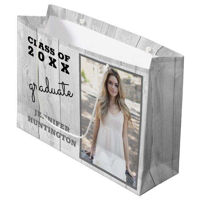 Rustic Country Grey Oak Photo 2025 Graduation Large Gift Bag (Front Angled)