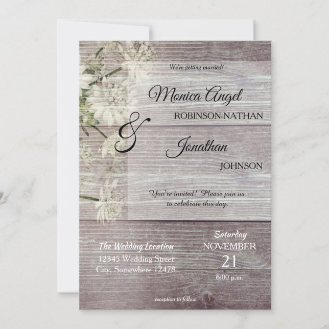 Rustic Country Grey Wood Floral Wedding Invitation (Front)