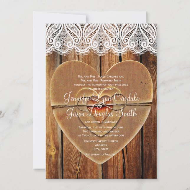 Rustic Country Hearts Barn Wood Wedding Invitation (Front)