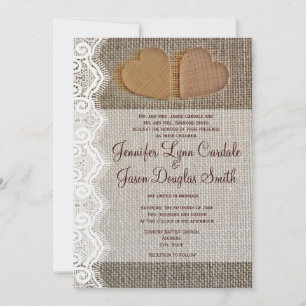 Rustic Country Hearts Burlap Lace Wedding Invites